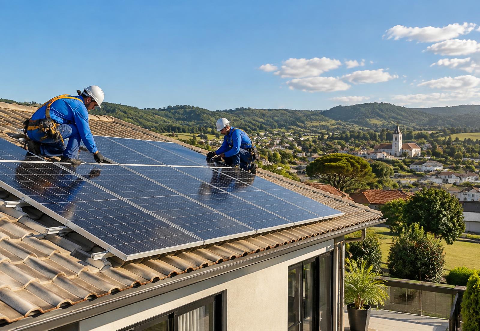 Equipe instalando painéis solares no telhado de uma residência no Rio Grande do Sul
